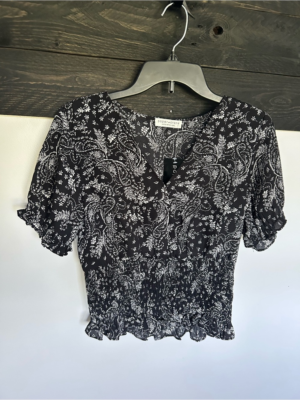 Black Paisley Smocked Waist Short Sleeve Top